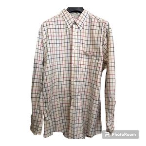Orvis Men's Long Sleeve Button Down Shirt Size Large Beige with Stripe Pattern
